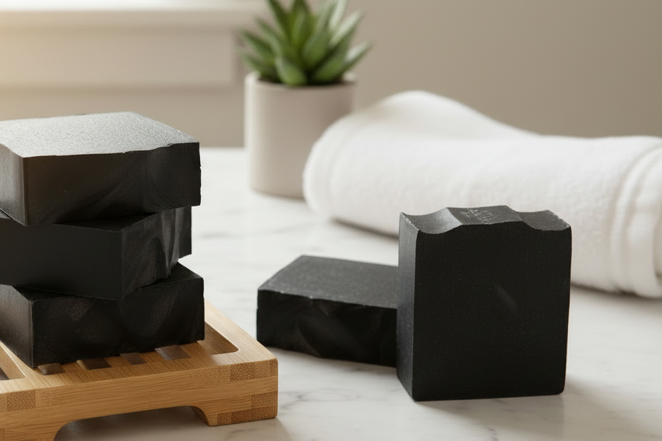 Black soap bars on self-draining dish in bathroom