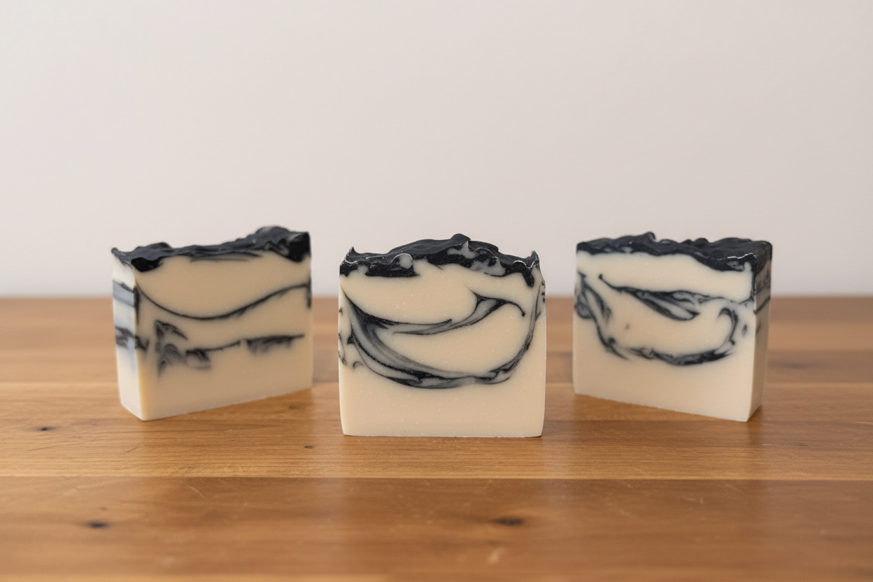 Clean layered soaps on wood counter