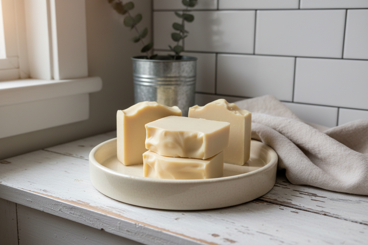 Farmhouse bathroom with three soap bars