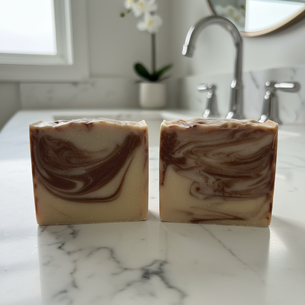 Orange Chocolate soap bars on elegant bathroom counter